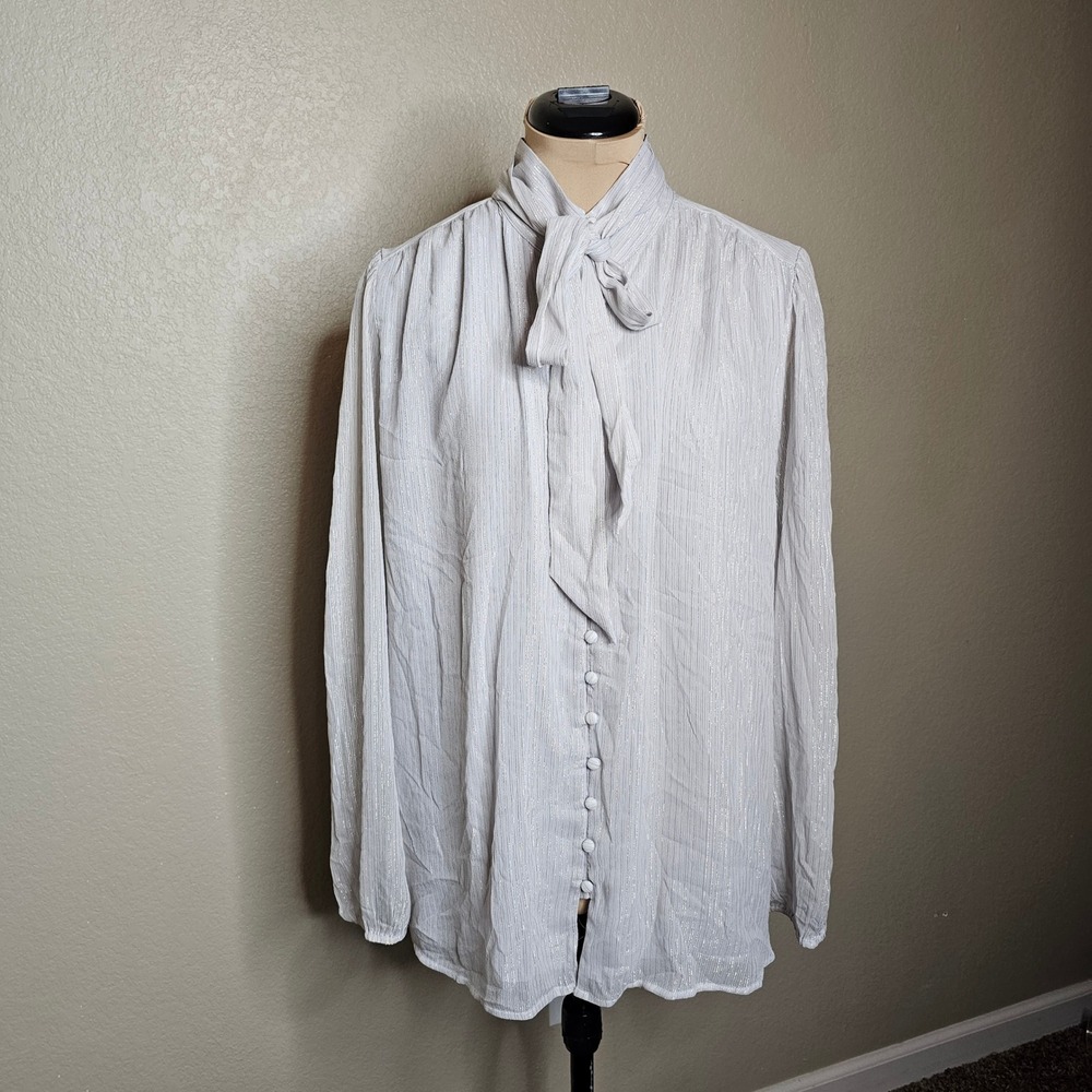 NWT Ann Taylor Womens XL Bow Neck  Blouse Gold Metallic Stripe Long‎ Sleeve Grey